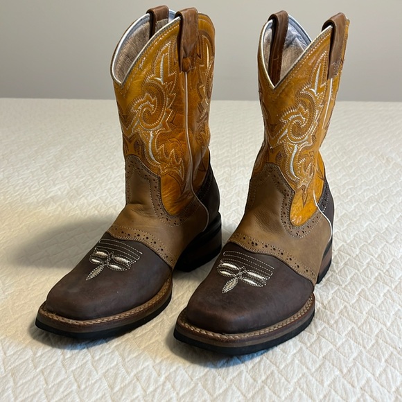 Alejo boots tooled cowboy gaucho boots, leather, brown & tan, made in Mexico, 4 - Picture 2 of 12